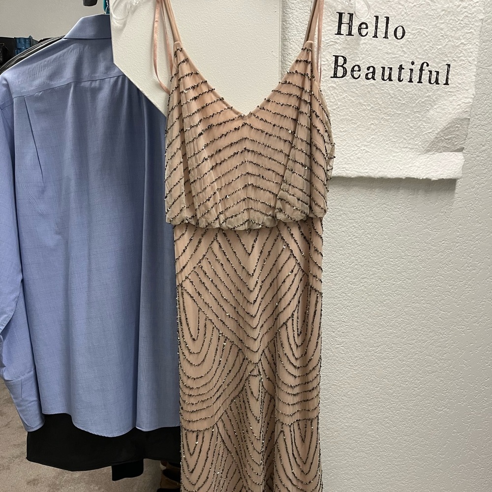 Adrian Papell Beaded V-Neck Blouson Sleeveless Gown taupe.